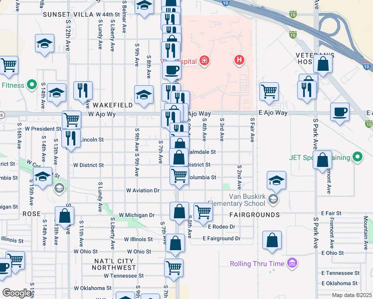 map of restaurants, bars, coffee shops, grocery stores, and more near 108 East Palmdale Street in Tucson