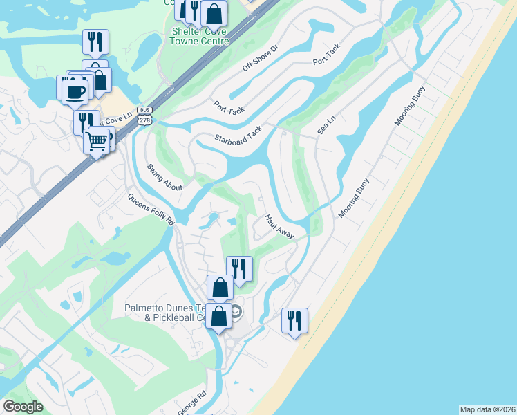 map of restaurants, bars, coffee shops, grocery stores, and more near 33 Haul Away in Hilton Head Island