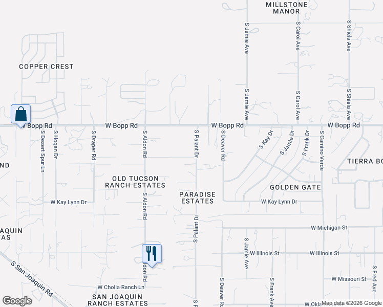 map of restaurants, bars, coffee shops, grocery stores, and more near 3920 South Palant Drive in Tucson