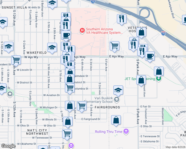 map of restaurants, bars, coffee shops, grocery stores, and more near 307 East Palmdale Street in Tucson