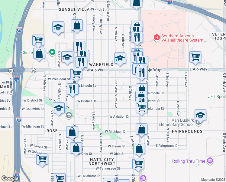 map of restaurants, bars, coffee shops, grocery stores, and more near 161 West Palmdale Street in Tucson