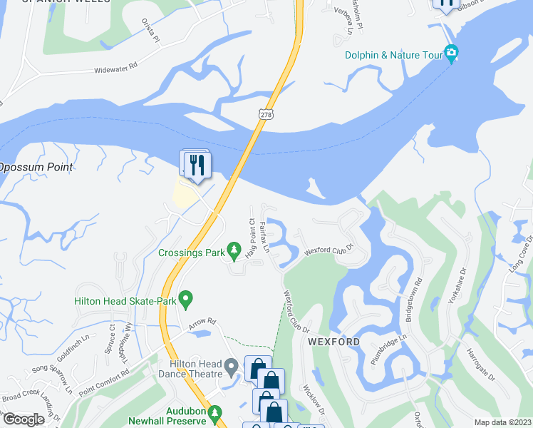 map of restaurants, bars, coffee shops, grocery stores, and more near 2 Fairfax Lane in Hilton Head Island