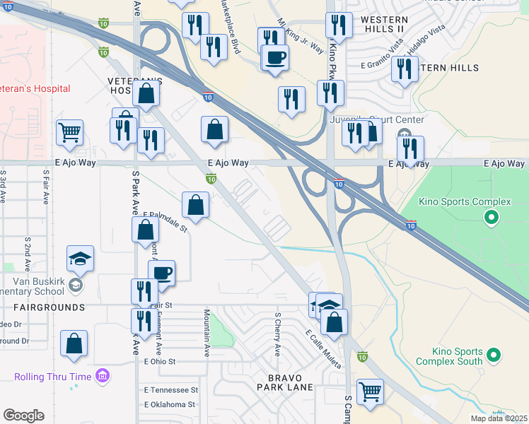 map of restaurants, bars, coffee shops, grocery stores, and more near 1503 E Benson Hwy in Tucson