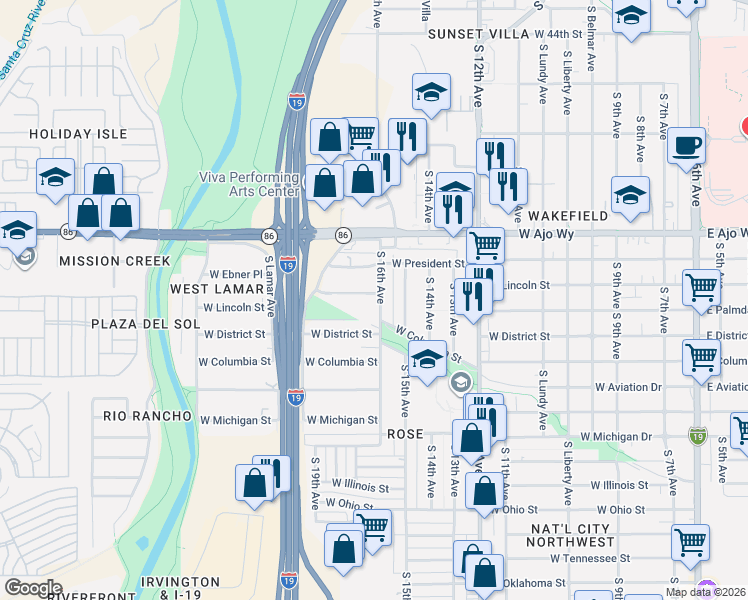 map of restaurants, bars, coffee shops, grocery stores, and more near 4112 South 16th Avenue in Tucson
