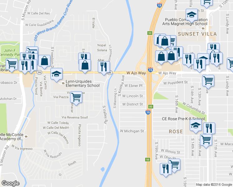 map of restaurants, bars, coffee shops, grocery stores, and more near 4101 South Kostka Avenue in Tucson