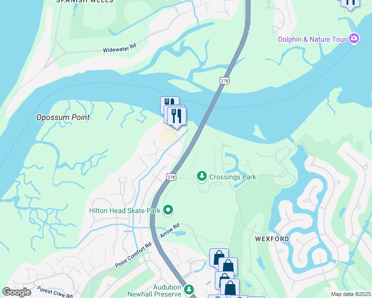 map of restaurants, bars, coffee shops, grocery stores, and more near 68 Helmsman Way in Hilton Head Island