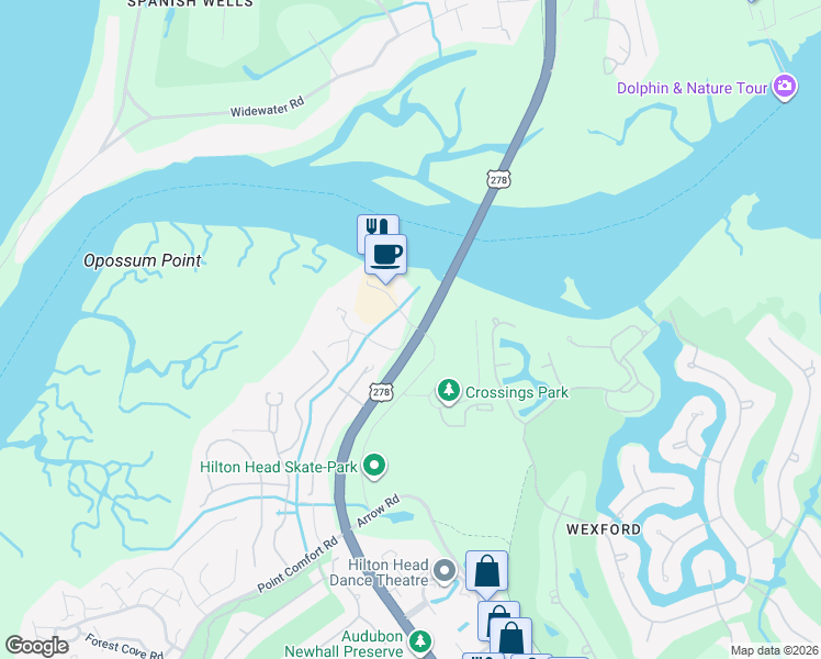 map of restaurants, bars, coffee shops, grocery stores, and more near 90 Helmsman Way in Hilton Head Island