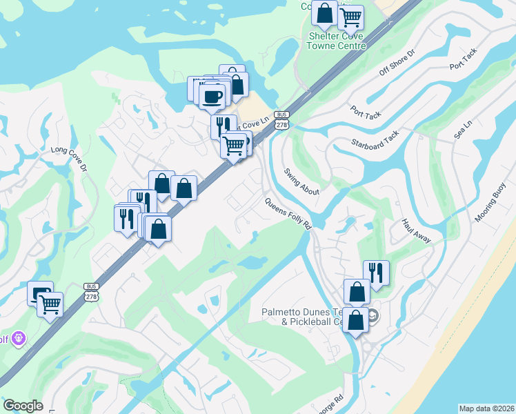 map of restaurants, bars, coffee shops, grocery stores, and more near 20 Queens Folly Road in Hilton Head Island