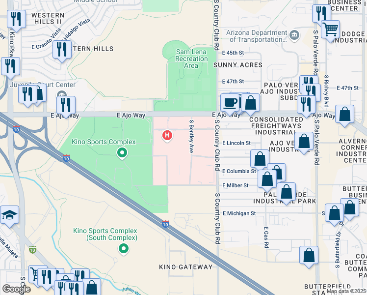 map of restaurants, bars, coffee shops, grocery stores, and more near 2800 East Ajo Way in Tucson