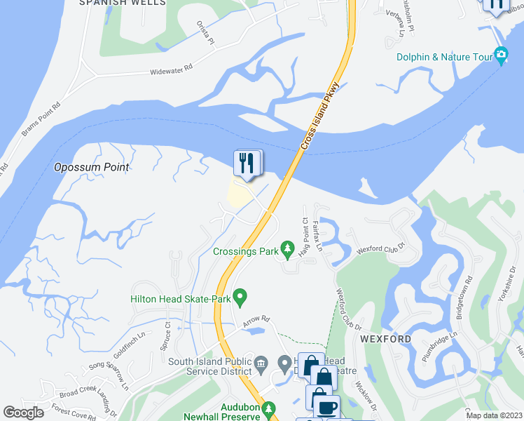 map of restaurants, bars, coffee shops, grocery stores, and more near 68 Helmsman Way in Hilton Head Island