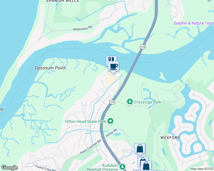 map of restaurants, bars, coffee shops, grocery stores, and more near 70 Paddle boat Lane in Hilton Head Island