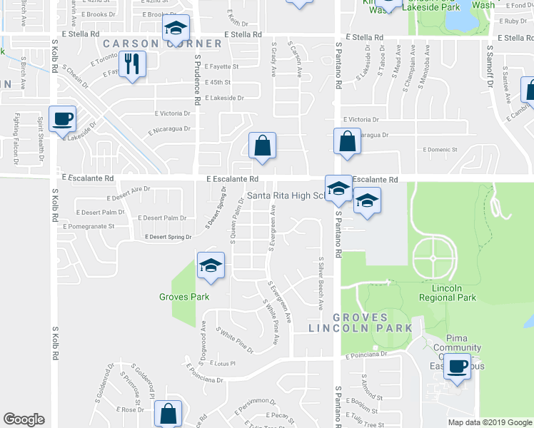 map of restaurants, bars, coffee shops, grocery stores, and more near 3921 South Evergreen Avenue in Tucson