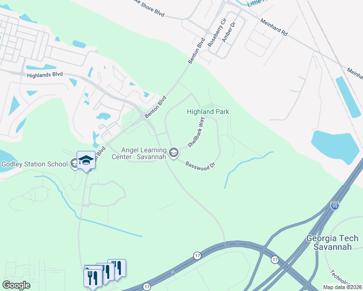 map of restaurants, bars, coffee shops, grocery stores, and more near 100 Shellbark Way in Savannah