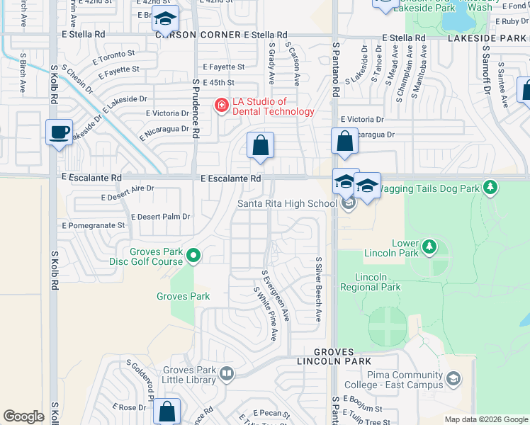 map of restaurants, bars, coffee shops, grocery stores, and more near 3921 South Evergreen Avenue in Tucson