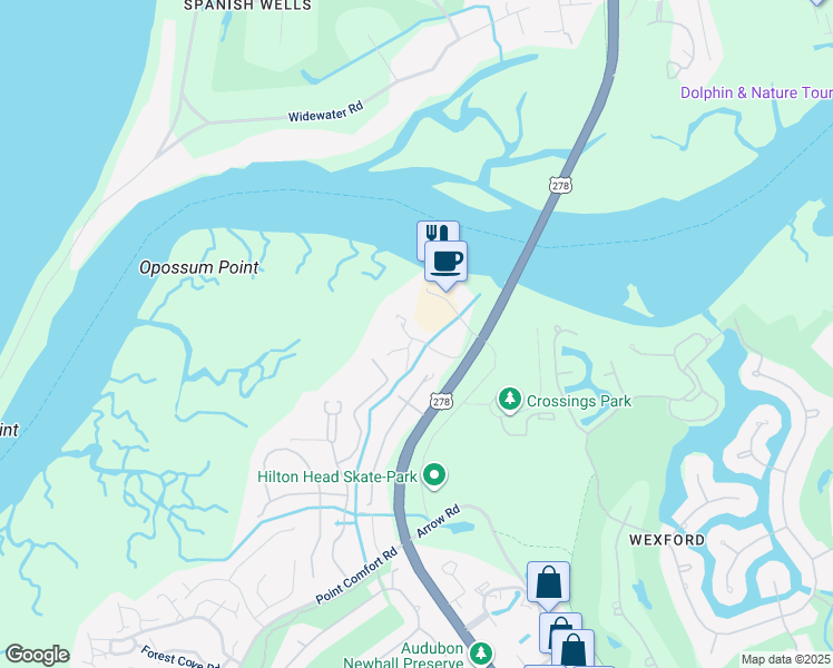 map of restaurants, bars, coffee shops, grocery stores, and more near 80 Paddle boat Lane in Hilton Head Island