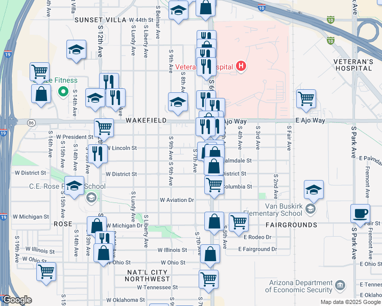 map of restaurants, bars, coffee shops, grocery stores, and more near 107 West Lincoln Street in Tucson