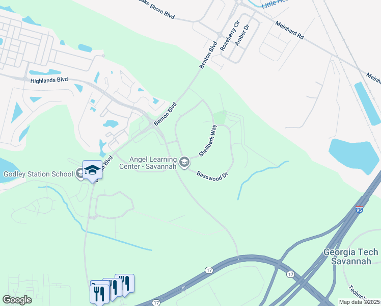 map of restaurants, bars, coffee shops, grocery stores, and more near 173 Basswood Drive in Savannah