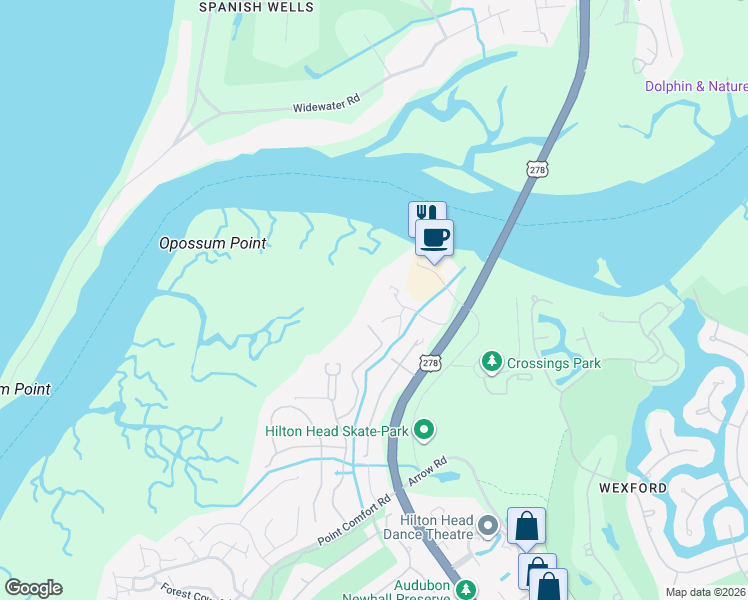 map of restaurants, bars, coffee shops, grocery stores, and more near 201 Tidepointe Way in Hilton Head Island