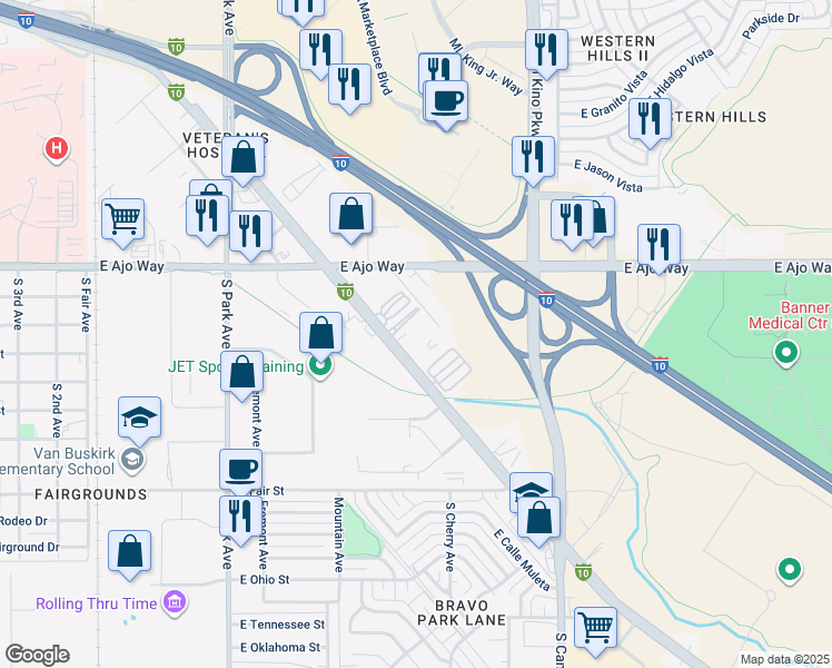 map of restaurants, bars, coffee shops, grocery stores, and more near 1503 East Benson Highway in Tucson