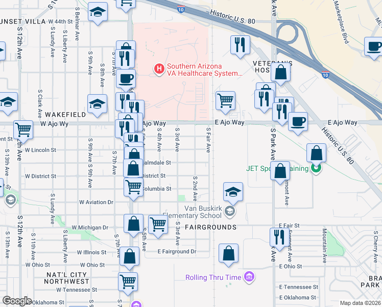 map of restaurants, bars, coffee shops, grocery stores, and more near 418 East Palmdale Street in Tucson