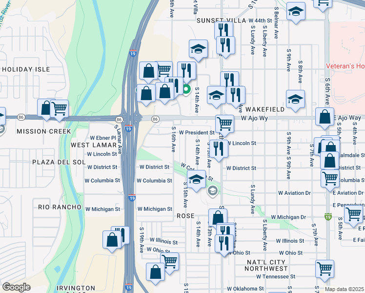 map of restaurants, bars, coffee shops, grocery stores, and more near 4027 South 15th Avenue in Tucson