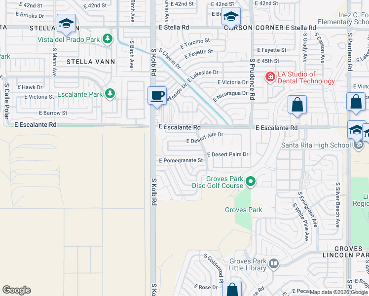 map of restaurants, bars, coffee shops, grocery stores, and more near 7237 East Desert Aire Drive in Tucson