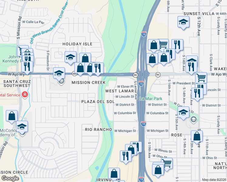 map of restaurants, bars, coffee shops, grocery stores, and more near 3936 South Kostka Avenue in Tucson