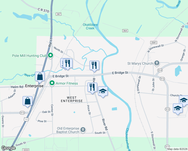 map of restaurants, bars, coffee shops, grocery stores, and more near Bridge St & River Rd in Enterprise