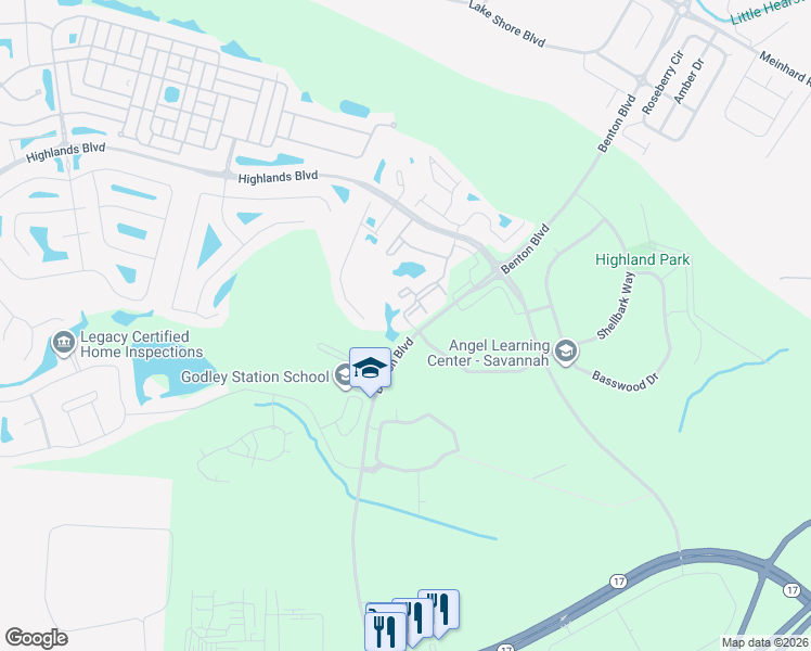 map of restaurants, bars, coffee shops, grocery stores, and more near 2155 Benton Boulevard in Savannah