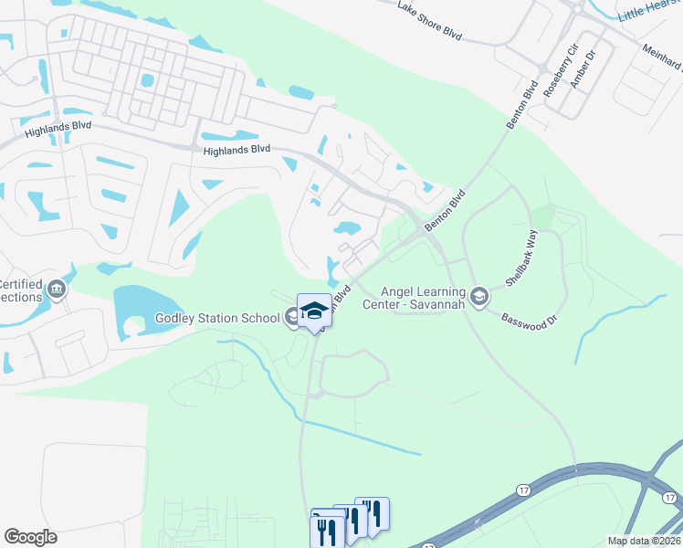 map of restaurants, bars, coffee shops, grocery stores, and more near 2155 Benton Boulevard in Savannah