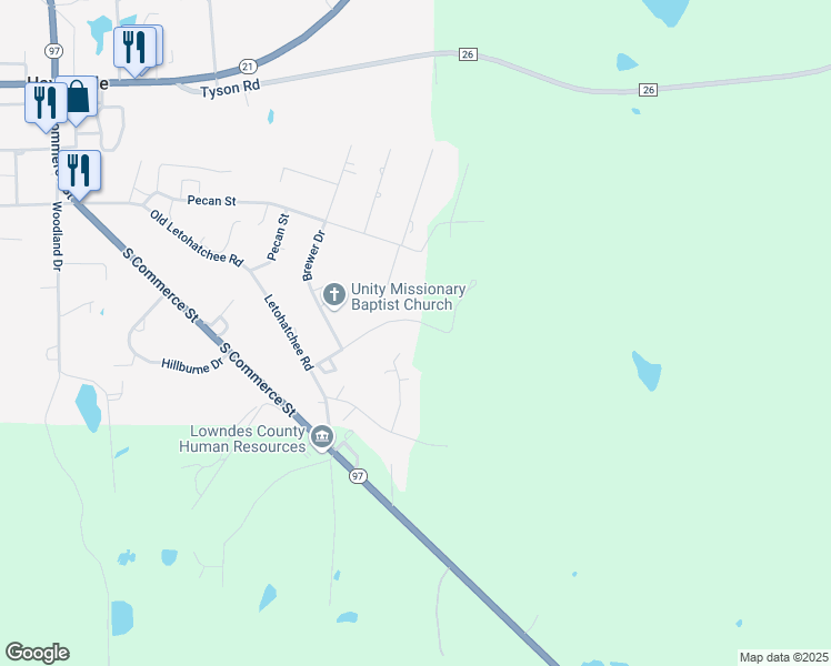 map of restaurants, bars, coffee shops, grocery stores, and more near 1 Morgan St in Hayneville