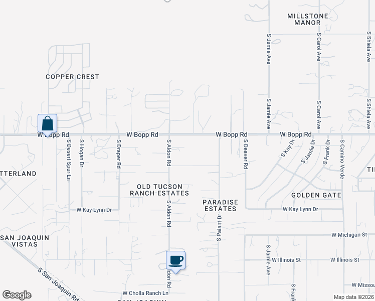 map of restaurants, bars, coffee shops, grocery stores, and more near 7225 West Bopp Road in Tucson