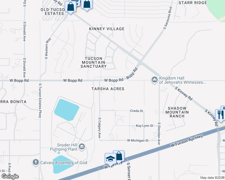 map of restaurants, bars, coffee shops, grocery stores, and more near 3850 South Selkirk Avenue in Tucson