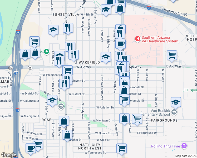 map of restaurants, bars, coffee shops, grocery stores, and more near 307 West President Street in Tucson