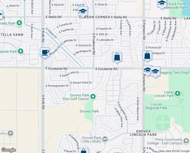 map of restaurants, bars, coffee shops, grocery stores, and more near 3841 South Winter Palm Drive in Tucson