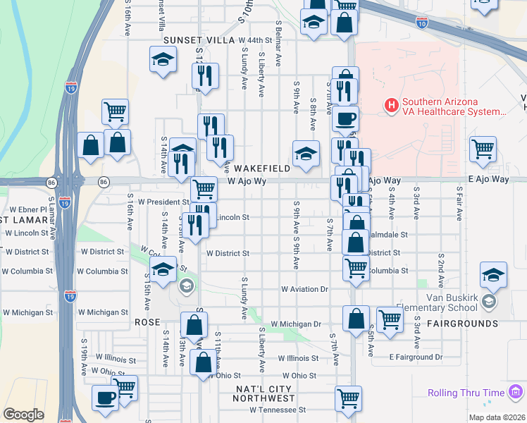 map of restaurants, bars, coffee shops, grocery stores, and more near 3919 South Liberty Avenue in Tucson