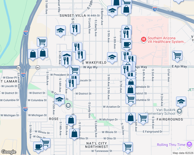 map of restaurants, bars, coffee shops, grocery stores, and more near 307 West President Street in Tucson