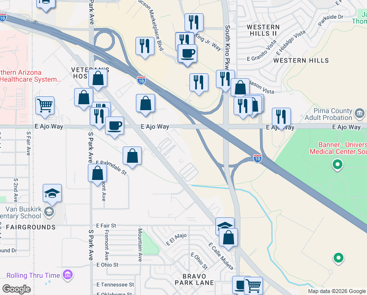map of restaurants, bars, coffee shops, grocery stores, and more near 1555 East Bernard Drive in Tucson