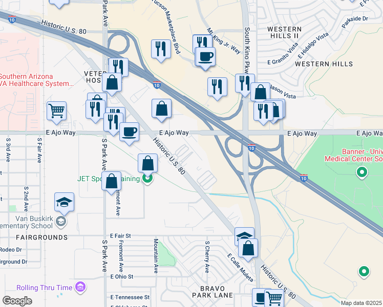 map of restaurants, bars, coffee shops, grocery stores, and more near 1431 East Benson Highway in Tucson