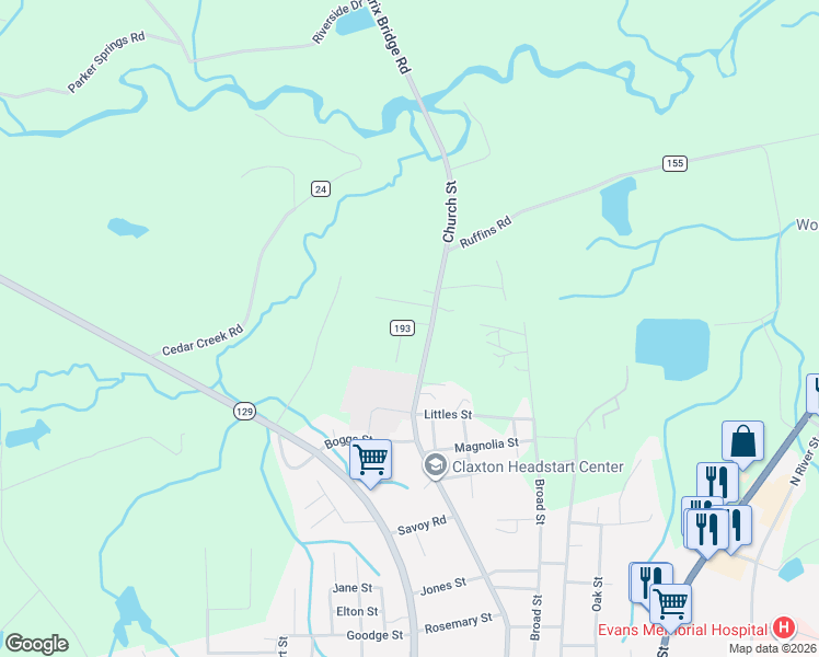 map of restaurants, bars, coffee shops, grocery stores, and more near 909 Dogwood Avenue in Claxton
