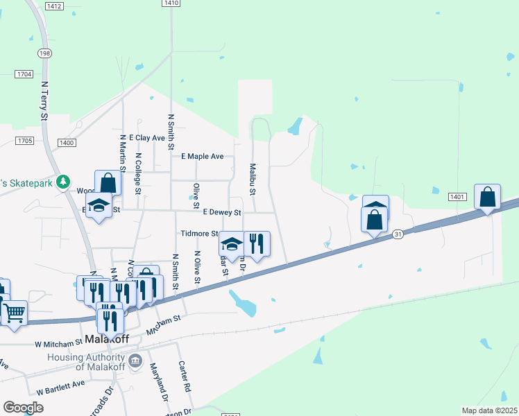 map of restaurants, bars, coffee shops, grocery stores, and more near 502 Malibu Street in Malakoff