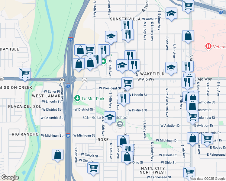 map of restaurants, bars, coffee shops, grocery stores, and more near 3902 South 13th Avenue in Tucson
