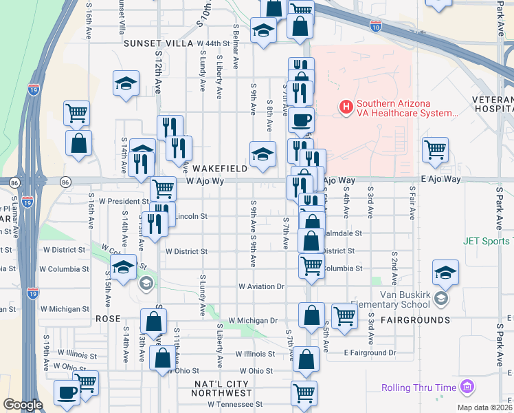 map of restaurants, bars, coffee shops, grocery stores, and more near 3913 South 9th Avenue in Tucson