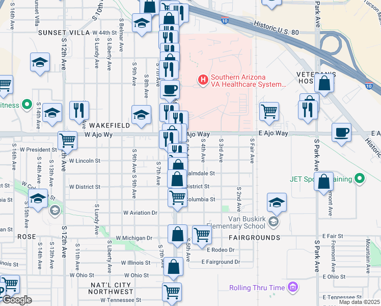 map of restaurants, bars, coffee shops, grocery stores, and more near 3915 South 5th Avenue in Tucson