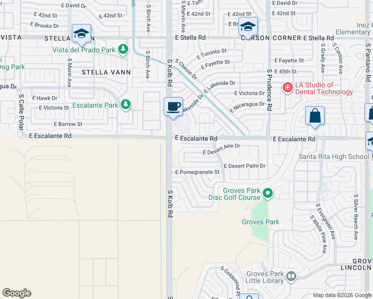 map of restaurants, bars, coffee shops, grocery stores, and more near 7163 E Desert Aire Dr in Tucson