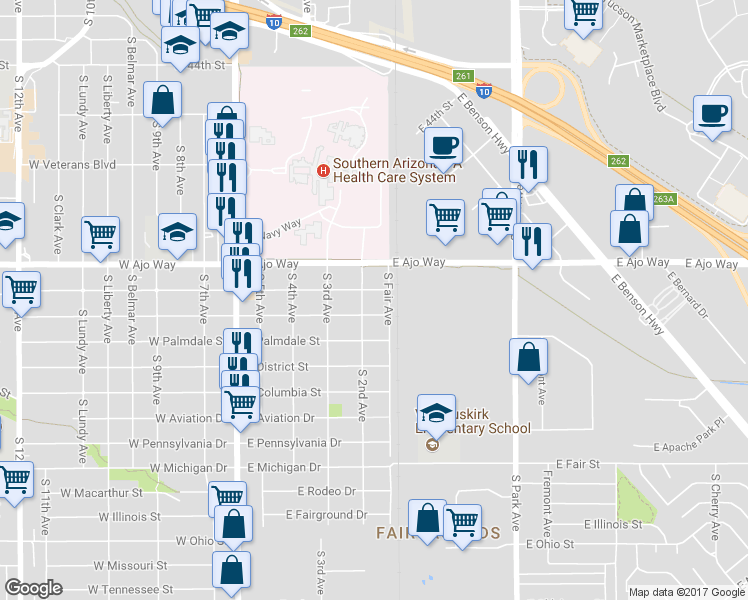 map of restaurants, bars, coffee shops, grocery stores, and more near 410 East President Street in Tucson