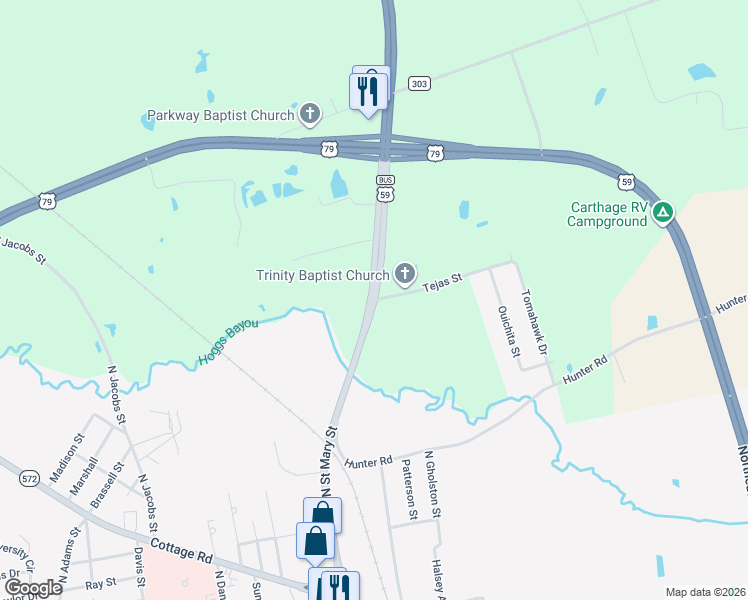 map of restaurants, bars, coffee shops, grocery stores, and more near 489 Tejas Street in Carthage