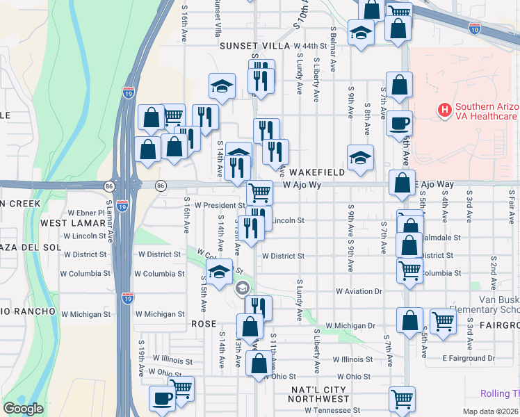 map of restaurants, bars, coffee shops, grocery stores, and more near 3917 South 12th Avenue in Tucson