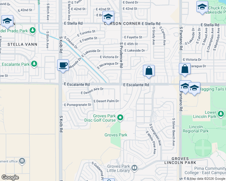 map of restaurants, bars, coffee shops, grocery stores, and more near 7462 East Desert Aire Drive in Tucson