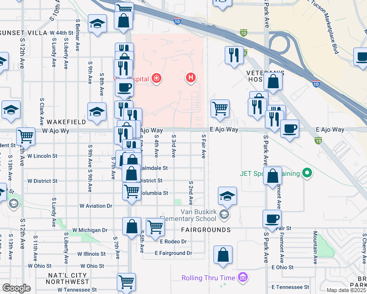 map of restaurants, bars, coffee shops, grocery stores, and more near 3931 South 3rd Avenue in Tucson